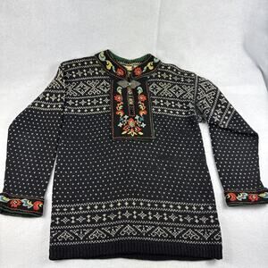 Icelandic Design 100% Wool Black Fair Isle Sweater Size M